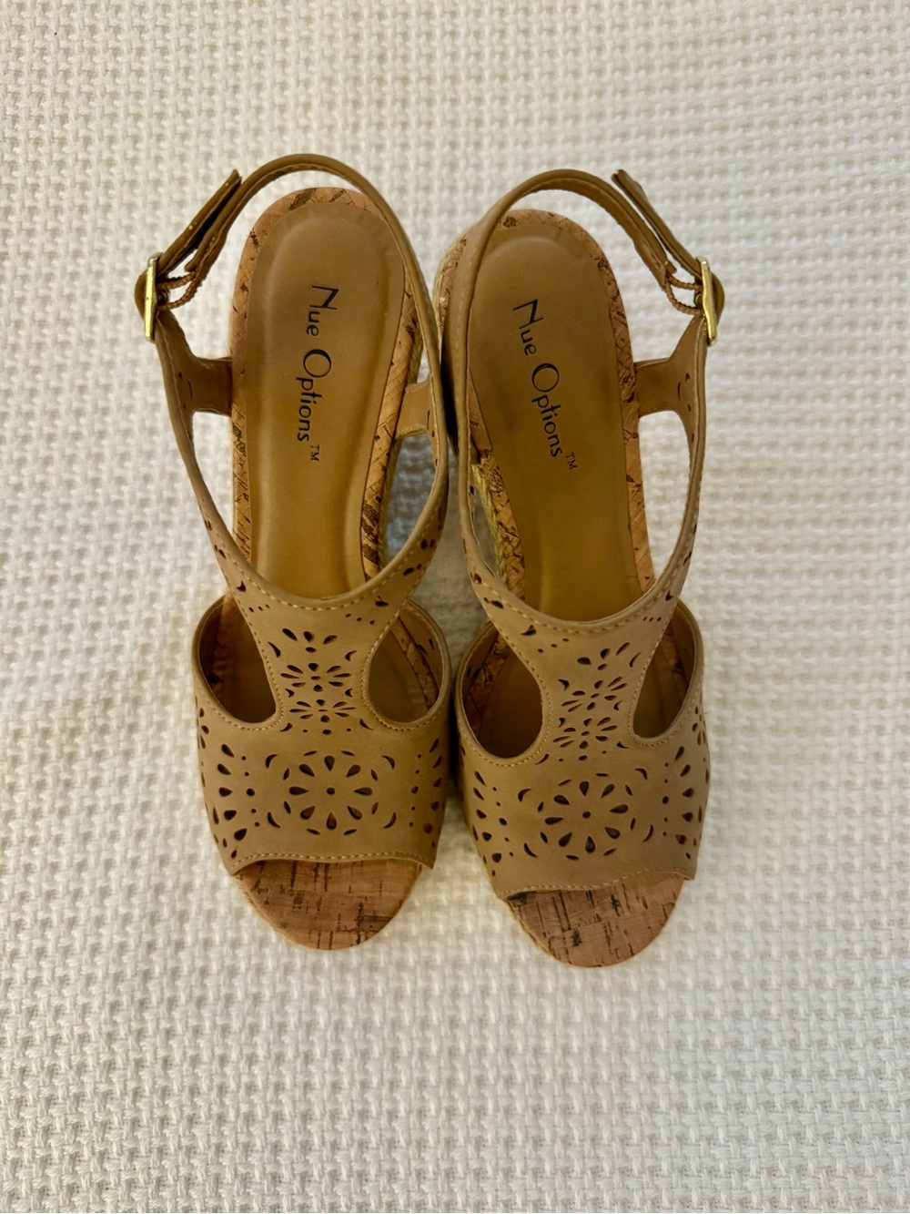 Nue Options Tan Laser Cut Cork Espadrille Wedge Sandals Size 8